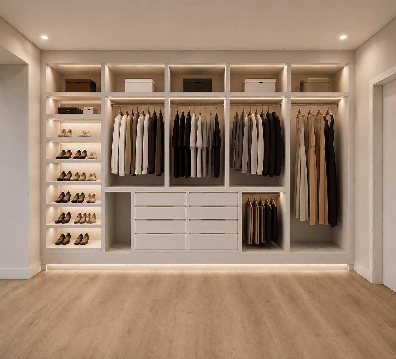 Closet em drywall com nichos e acabamento personalizado